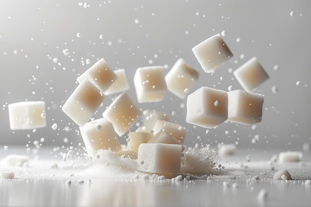 Kocki cukru, które spadają na białe otoczenie, rozbijają się i rozrzucają po całej przestrzeni.