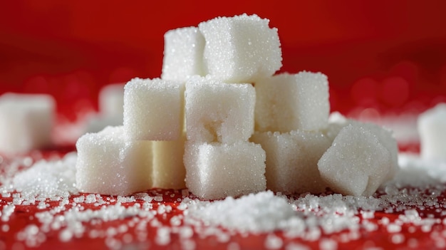 Zdjęcie kocki cukru ułożone na czerwonym tle