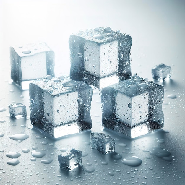 Kocki lodu z kropelami wody rozrzucone w naturalnym świetle na białym tle