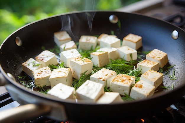 Kocki tofu smażone na patelni