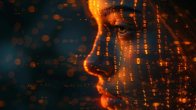 Zdjęcie kod binarny w połączeniu z ludzką twarzą obraz sztucznej inteligencji lub hakerów