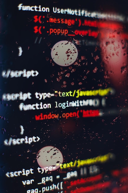 Zdjęcie kod programistyczny dla programistów. abstrakcyjny kod skryptu komputerowego. selektywne skupienie