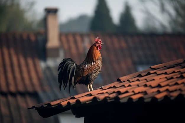 Kogut stoi na dachu z czerwoną dachówką.