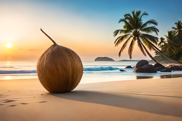 Kokos na plaży z palmą w tle