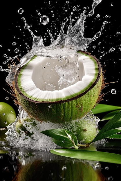 Kokos rozpryskujący się w wodzie ze słowem kokos