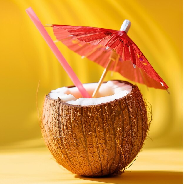 kokos z czerwonym parasolem i słomką w nim