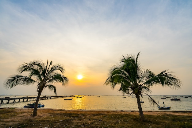 Kokosowi drzewa na plaży Podczas zmierzchu przy huku phra sriacha chonburi Thailand