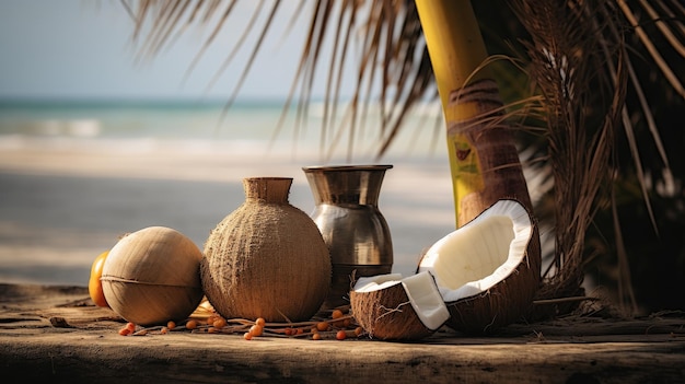 Kokosy i olej kokosowy na plaży