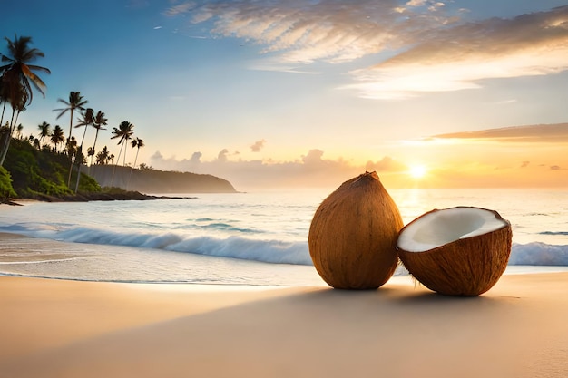 Kokosy na plaży z zachodem słońca w tle