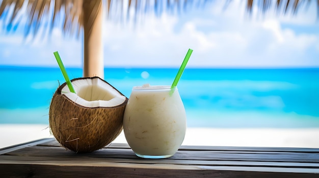 Zdjęcie kokosy na wystawie w barze na plaży karaibów na tle oceanu