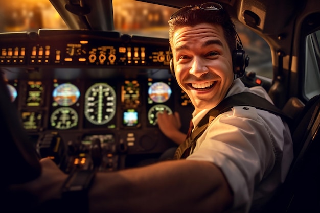 Kokpit samolotu z szczęśliwym pilotem z generatywną sztuczną inteligencją