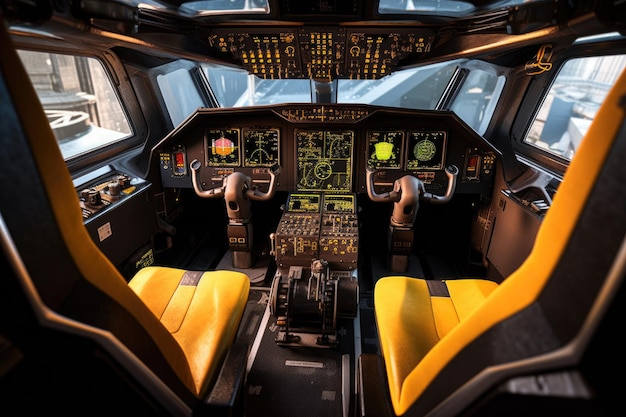 Kokpit taksówki powietrznej z zaawansowanymi technologicznie panelami kontrolnymi stworzonymi za pomocą generatywnej sztucznej inteligencji