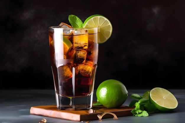 Koktajl alkoholowy Cuba libre z rumem, sokiem z cytryny, colą, limonką i lodem na czarnym tle Generowane przez AI