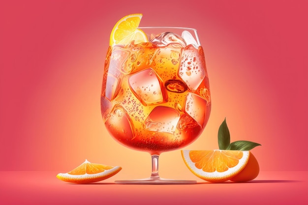 Koktajl Aperol spritz na różowym tle Ilustracja przedstawiająca koktajl alkoholowy z kostkami lodu AI Generation