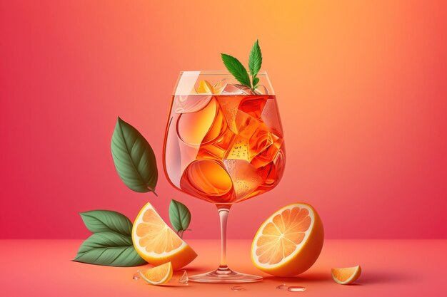 Zdjęcie koktajl aperol spritz na różowym tle ilustracja przedstawiająca koktajl alkoholowy z kostkami lodu ai generation