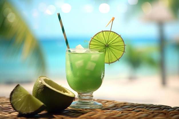 Koktajl mojito na plaży z palmami i morzem na tle z wygenerowaną przez sztuczną inteligencję