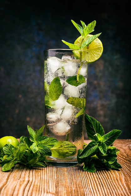 Koktajl mojito ozdobiony cytryną i miętą pieprzową na drewnianym stole Bez słomy