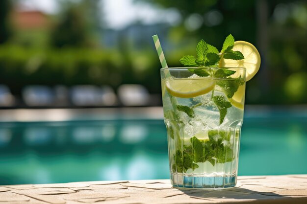 Koktajl Mojito z cytryną i miętą w kieliszku na tle basenu wygenerowanego przez sztuczną inteligencję