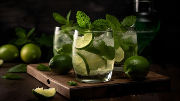 Koktajl mojito z miętą limonkową i lodem na drewnianym stole