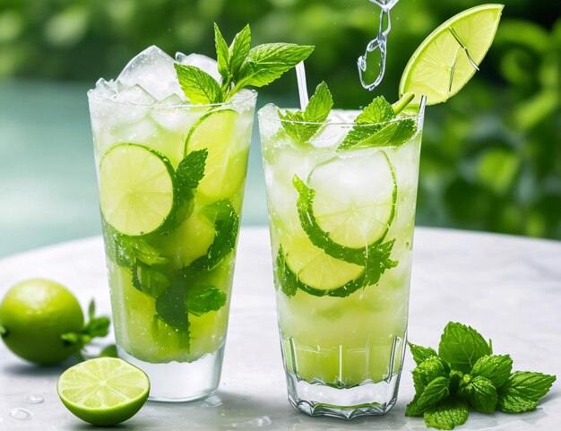 Koktajl mojito z miętą limonkową i lodem na stole