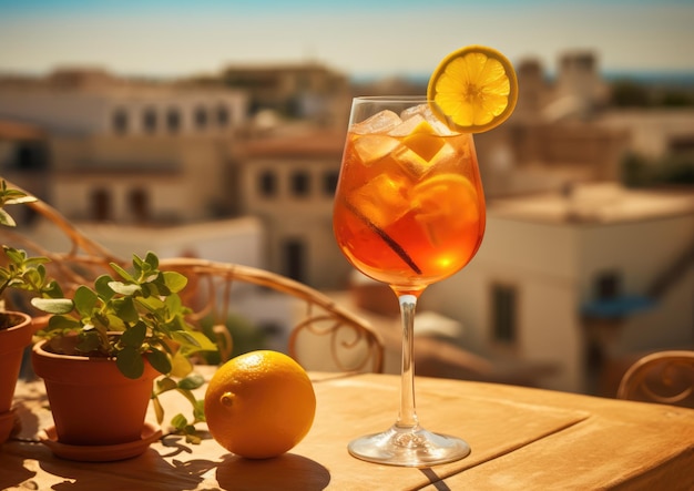 Koktajl Spritz Veneziano na zalanym słońcem tarasie emanującym zrelaksowaną śródziemnomorską atmosferą