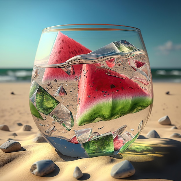 Koktajl z kawałkami arbuza na plażowym słońcu