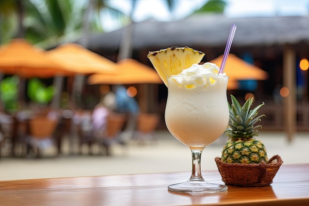 Koktajl ze śmietanką i ananasem z rozmytym barem na tropikalnej plaży w tle