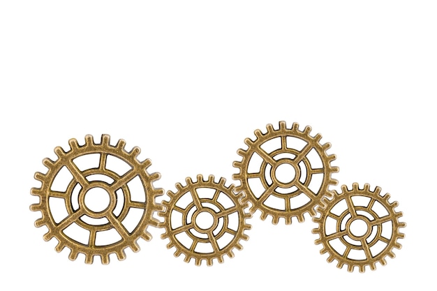 Koła biegów i zębów izolowane na białym tle mechanizm zegara mosiężny silnik metalowy przemysłowy
