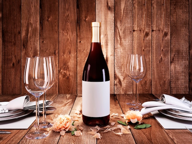 Kolacja dla dwojga z butelką czerwonego wina Serwowany stół dla dwojga render 3D