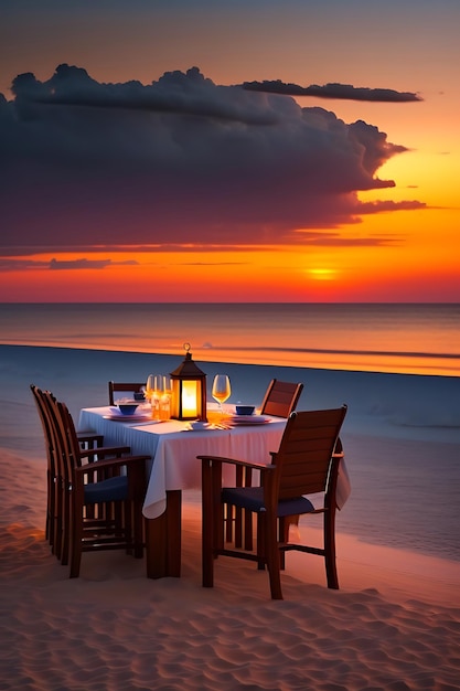 kolacja na plaży o zachodzie słońca