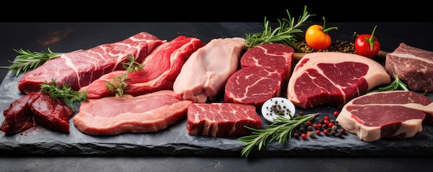 Kolacja spożywcza z różnych rodzajów wołowiny stek surowe świeże mięso generatywne ai
