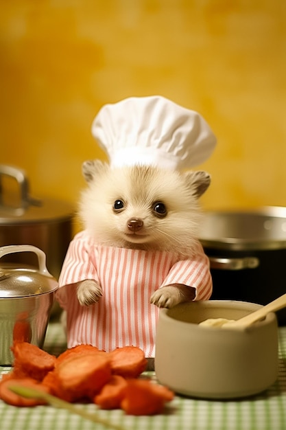 Kolacja urocza mysz w mundurze szefa kuchni z wygenerowanym jasnym uśmiechem Ai