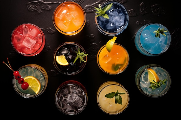 Zdjęcie kolaz alkoholowych kolorowych koktajli i napojów widok z góry
