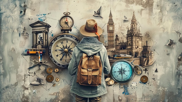 Kolaz artystyczny przedstawia turystę z kompasem podróżującego różnymi środkami transportu
