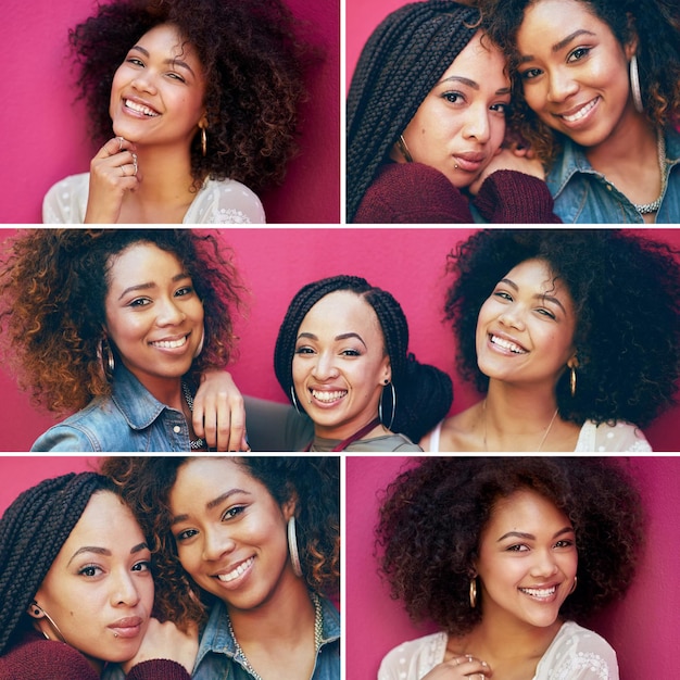 Kolaż czarnych kobiet i przyjaciół na różowej ścianie dla szczęścia piękna i warkoczy afro oraz naturalnych włosów do makijażu kosmetycznego i portretu do pielęgnacji włosów Twarze kobiet razem dla inspiracji fryzurą