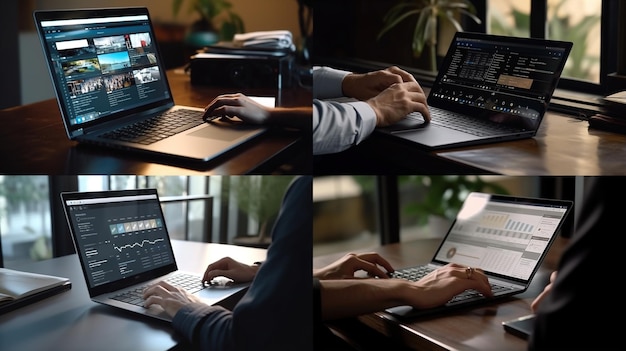 Kolaz czterech zdjęć osoby używającej laptopa