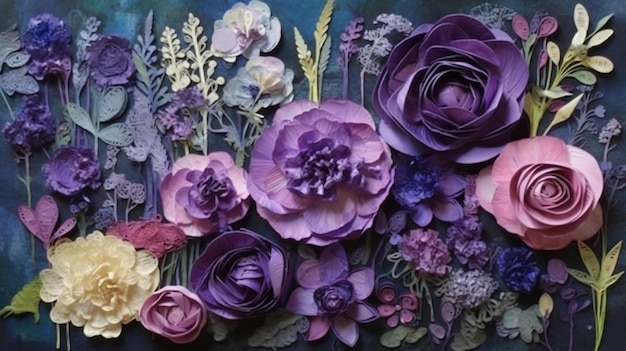 Kolaż fioletowych kwiatów ze słowem miłość.