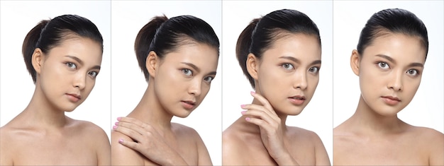 Kolaż Group of Pack Asian Woman po zastosowaniu makijażu fryzury. bez retuszu, świeża twarz z ładną i gładką skórą. Oświetlenie studyjne białe tło, wiele emocji na twarzy odwraca się