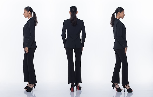 Kolaż grupowy zestaw pełnej długości Snap Figure, azjatycki biznes kobieta stoisko w czarnym formalnym właściwym garniturze spodnie i buty, oświetlenie studyjne na białym tle na białym tle, prawnik szef pozowanie uśmiech inteligentny wygląd