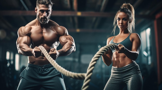 Kolaż o mężczyźnie i kobiecie ćwiczących z linami bojowymi na siłowni