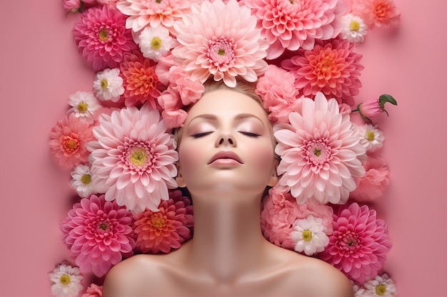 Kolaż obrazu reklamy szablonu wygenerowany przez ai estetycznej kobiety cieszy się świeżą terapią ziołową w innowacyjnej przyszłej procedurze salonu spa