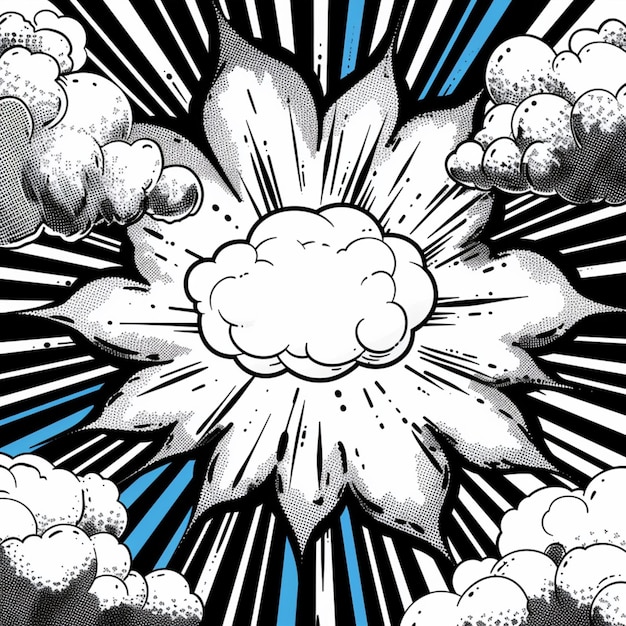 Zdjęcie kolaż panelowy przedstawiający żywe ilustracje w stylu komiksowym wybuchów słonecznych, chmur i efektów wybuchowych w