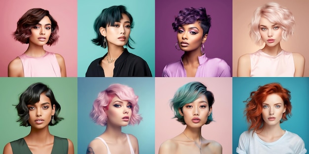 Kolaż portretów młodych kobiet z nowoczesną fryzurą Modna stylowa fryzura dla średnio krótkich włosów
