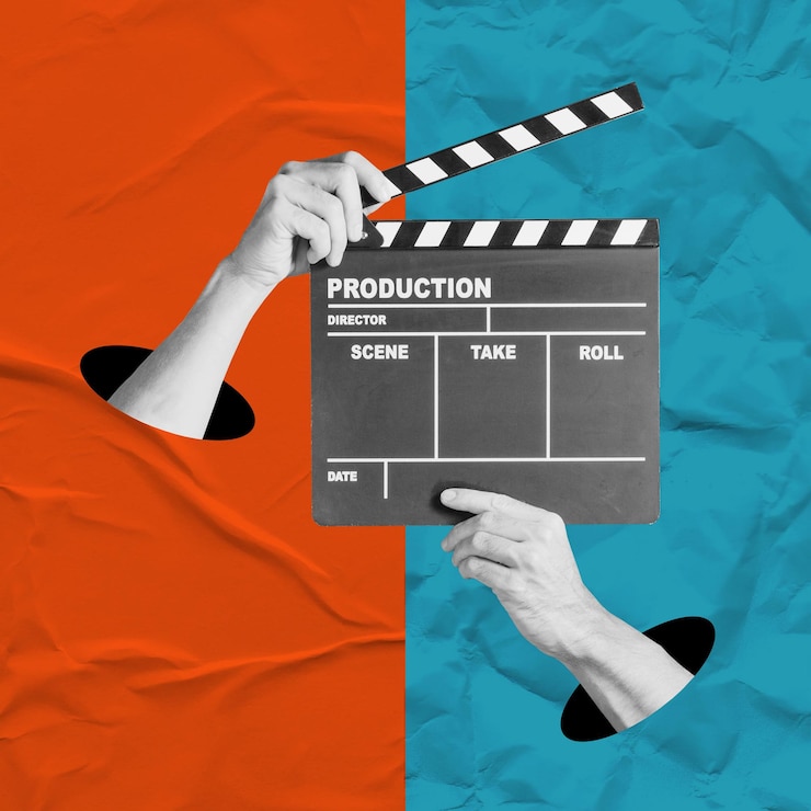 Zdjęcie kolaż rąk trzymających klapę, tworzących film wideo w studio