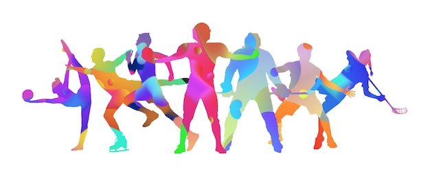 Kolaż sportowy wykonany z rysunku sportowców z jasnymi kolorami płynów na białym tle studio. Pojęcie sztuki, inspiracji, odnowy biologicznej, zdrowego stylu życia w akcji i ruchu. Ulotka, miejsce.
