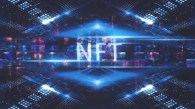 Zdjęcie kolaż sygnowany tokenem nft abstrakcyjny kolaż nft promienie światła niebieski neon