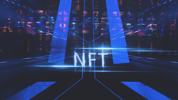 Kolaż sygnowany tokenem NFT Abstrakcyjny kolaż NFT Promienie światła niebieski neon
