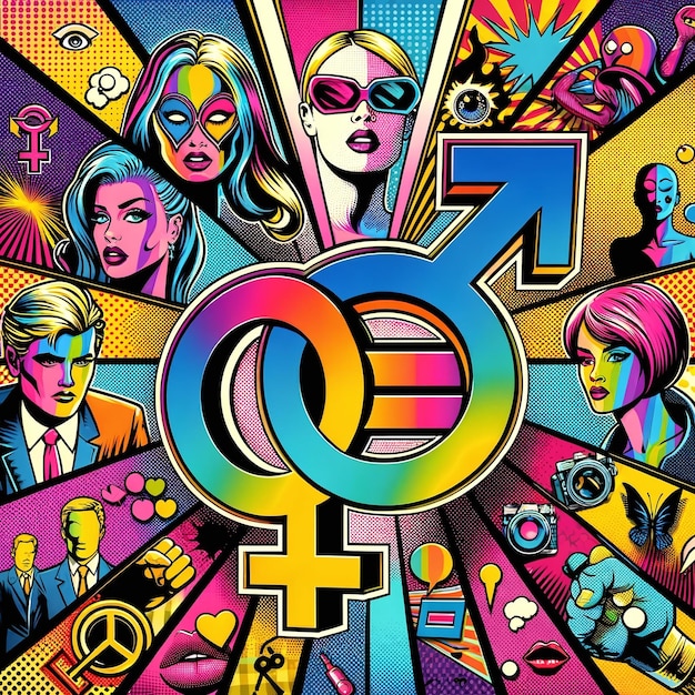 Zdjęcie kolaż w stylu pop art, który łączy kultowe symbole żeńskie i męskie