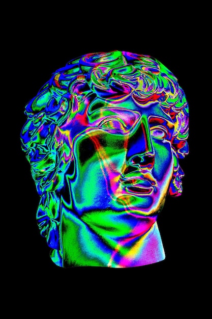 Kolaż z gipsową antyczną rzeźbą ludzkiej twarzy w stylu pop-art. Kreatywna koncepcja kolorowy neon obraz z głową starożytnego posągu. Kultura zinów. Plakat w stylu cyberpunkowym, webpunkowym i surrealistycznym.