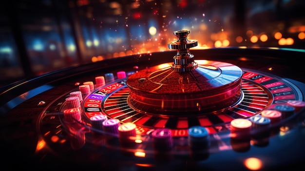 Kolaż zdjęć kasyna z żywym obrazem wielobarwnego stołu do ruletki w kasynie z po